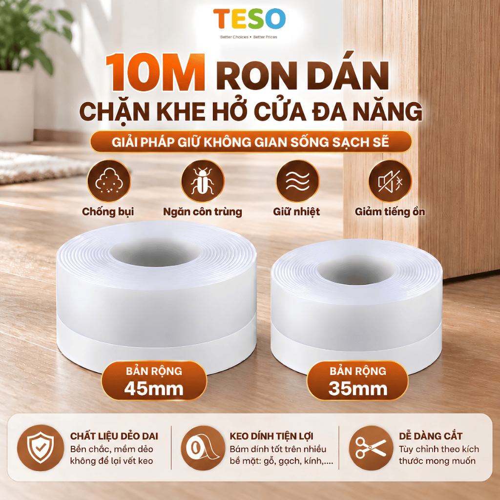 (2 Cuộn x 5M) 10 Mét Ron Dán Chặn Khe Cửa TESO - Gioăng Cửa Ngăn Côn Trùng Chống Gió Lùa Có Keo Dính