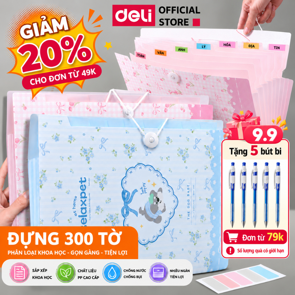 [🔥9.9 TẶNG 5 BÚT BI] Cặp Túi Đựng Tài Liệu A4 Deli File Đựng Tài Liệu Hồ Sơ 8 Ngăn Hồ Sơ Văn Phòng File Lưu Trữ