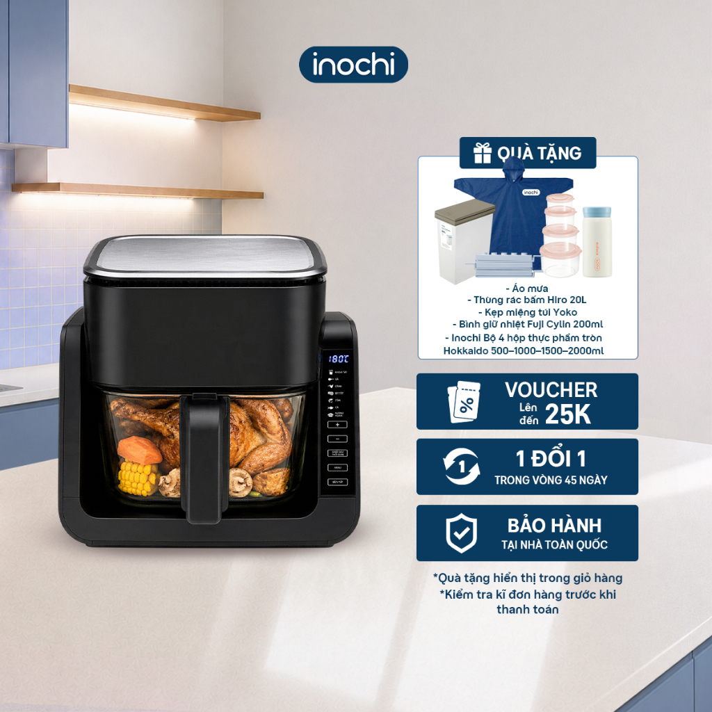 Nồi Chiên Không Dầu 6in1 Inochi Akiba - Nồi chiên đa năng nướng lật đảo chiều, lồng kính trong suốt