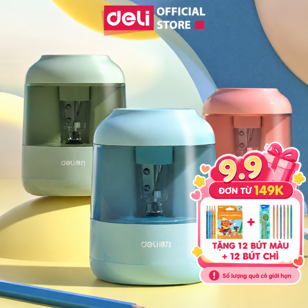 [🔥9.9 - 99K - TẶNG 24 QUÀ] Gọt bút chì điện tự động Deli tiện lợi, an toàn và bảo vệ người dùng, màu sắc thanh lịch