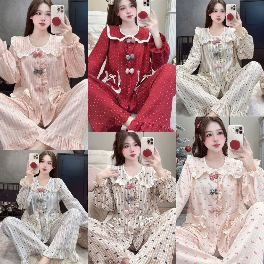 [MẪU THU ĐÔNG] Bộ Đồ Ngủ Nữ JUSOKA Pijama Chất Liệu Đũi Vân Mây Cổ Sen Viền Bèo Đính Nơ Siêu Mềm Mịn DU38