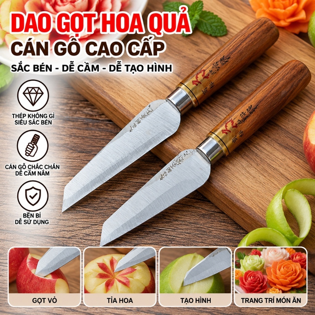 (COMBO 5) DAO GỌT HOA QUẢ NỘI ĐỊA TRUNG SIÊU SẮC BÉN - Dao gọt cán gỗ, Dao làm bếp siêu sắc bén, thép không gỉ dài 21cm