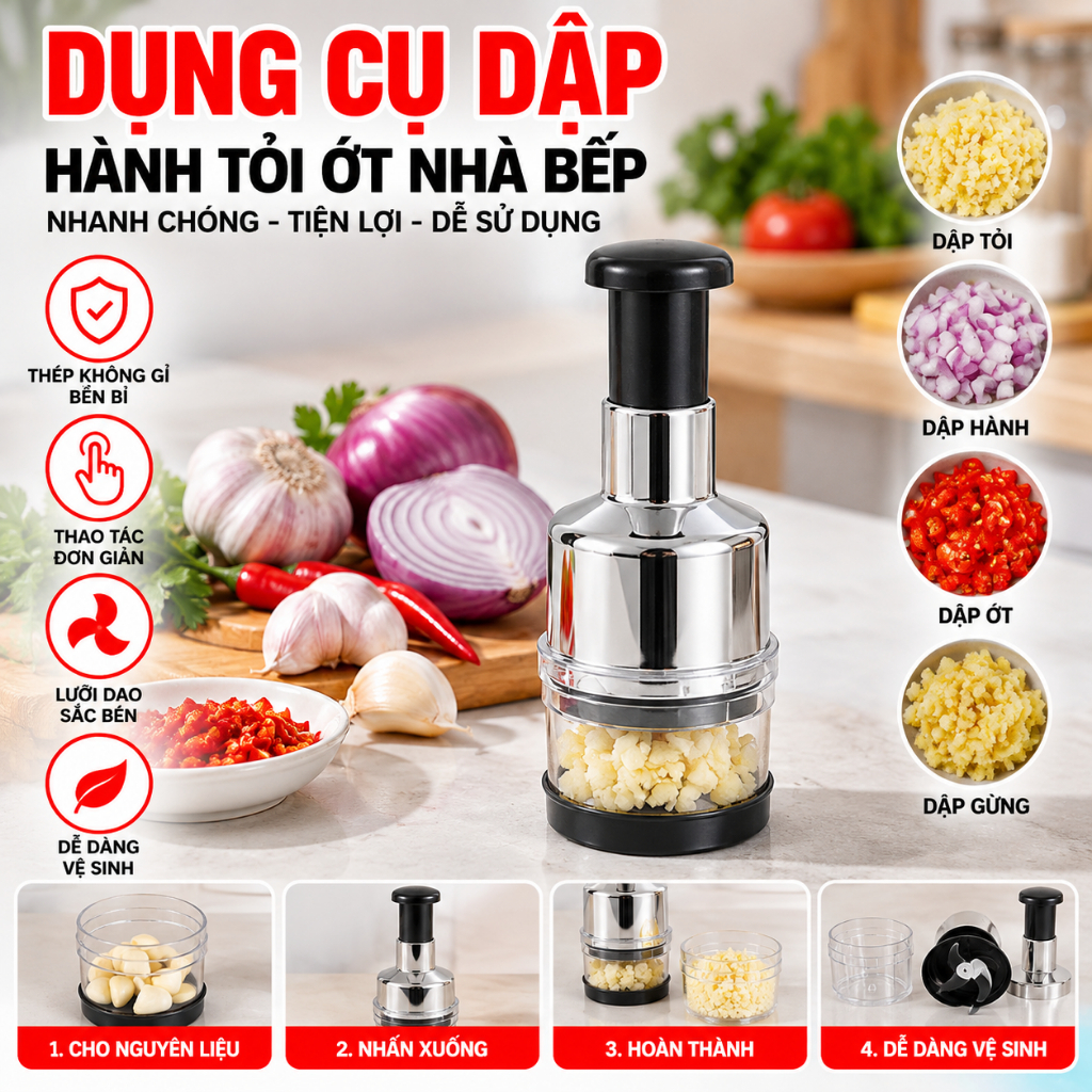 Dụng Cụ Dập, Xay Hành Tỏi, Ớt Dụng Cụ Nhà Bếp, DẬP TỎI INOX - MÃ: DAPHANHTOI96
