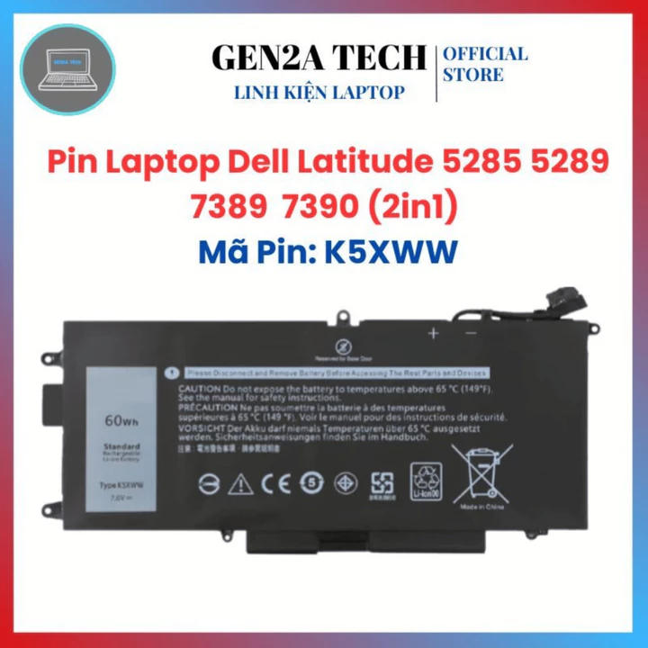 Pin Dell K5XWW, Pin Dell 71TG4, Pin Laptop Dell Latitude 12 5285 5289 7389 7390 L3180 2-in-1 Zin New 100% - BH 6 Tháng