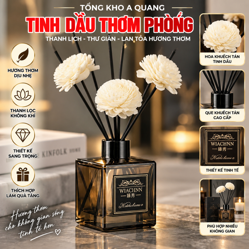 (COMBO 2)Tinh Dầu Thơm Thiên Nhiên WIACHNN 50ml Bản Sang Trọng Để Phòng Que Gỗ Tự Khuếch Tán Thanh Lọc Khử Mùi Không Khí