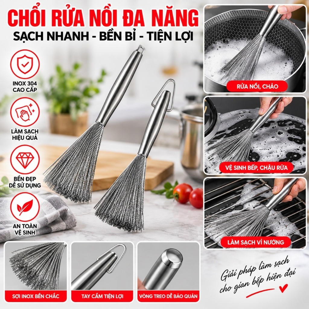 (COMBO 3) CỌ CHÀ RỬA NỒI CHẢO INOX CAO CẤP - Búi thép cứng đánh sạch vết bẩn, vệ sinh nhà bếp tiện lợi