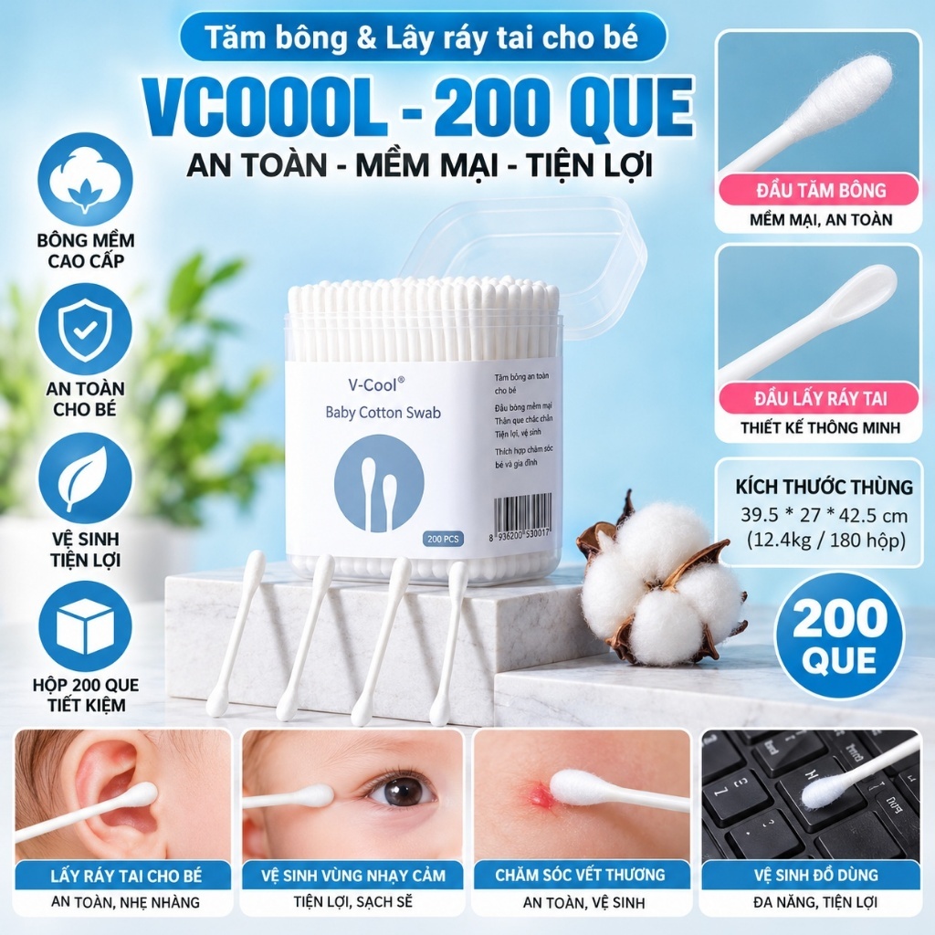 TĂM BÔNG VCOOL CHO BÉ , Bông ngoáy tai cho bé Vcool 2 đầu kháng khuẩn, tăm bông sơ sinh tiện lợi hộp 200 que - TAMBONG59
