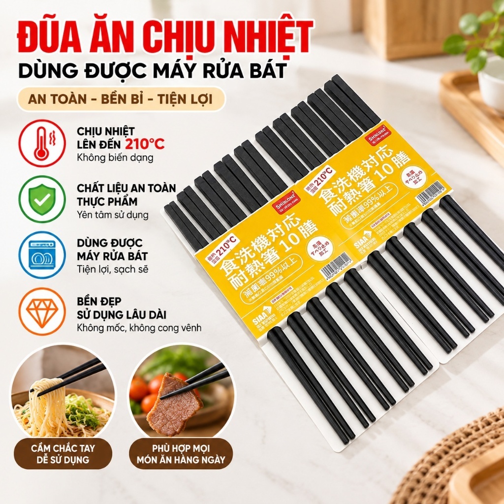 Set 10 Đôi Đũa Nhật Sợi Thủy Tinh Glass Fiber 24.3cm - Đũa Chống Trơn, Chống Nấm Mốc SHIKISAI - Đũa Ăn Cơm Gia Đình