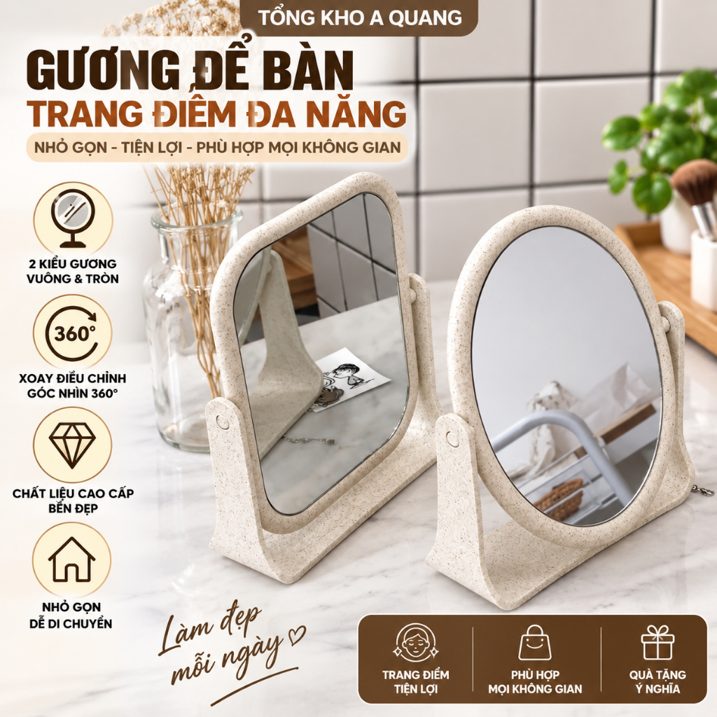 Gương Để Bàn💚CAM KẾT CHUẨN💚 Gương Trang Điểm Để Bàn 2 Mặt Xoay Chất Liệu Lúa Mạch Bền Chắc