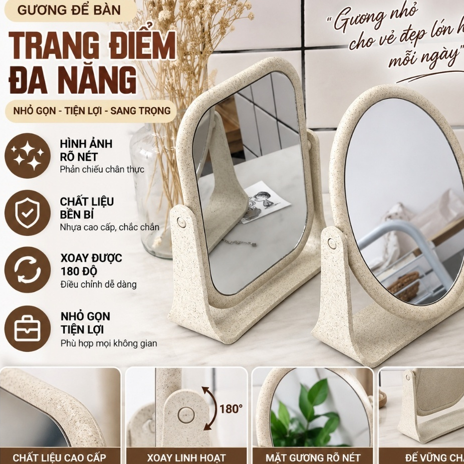 Gương Để Bàn💚HÀNG NHẬP KHẨU💚 Gương Trang Điểm Để Bàn 2 Mặt Xoay Chất Liệu Lúa Mạch Bền Chắc AK5693