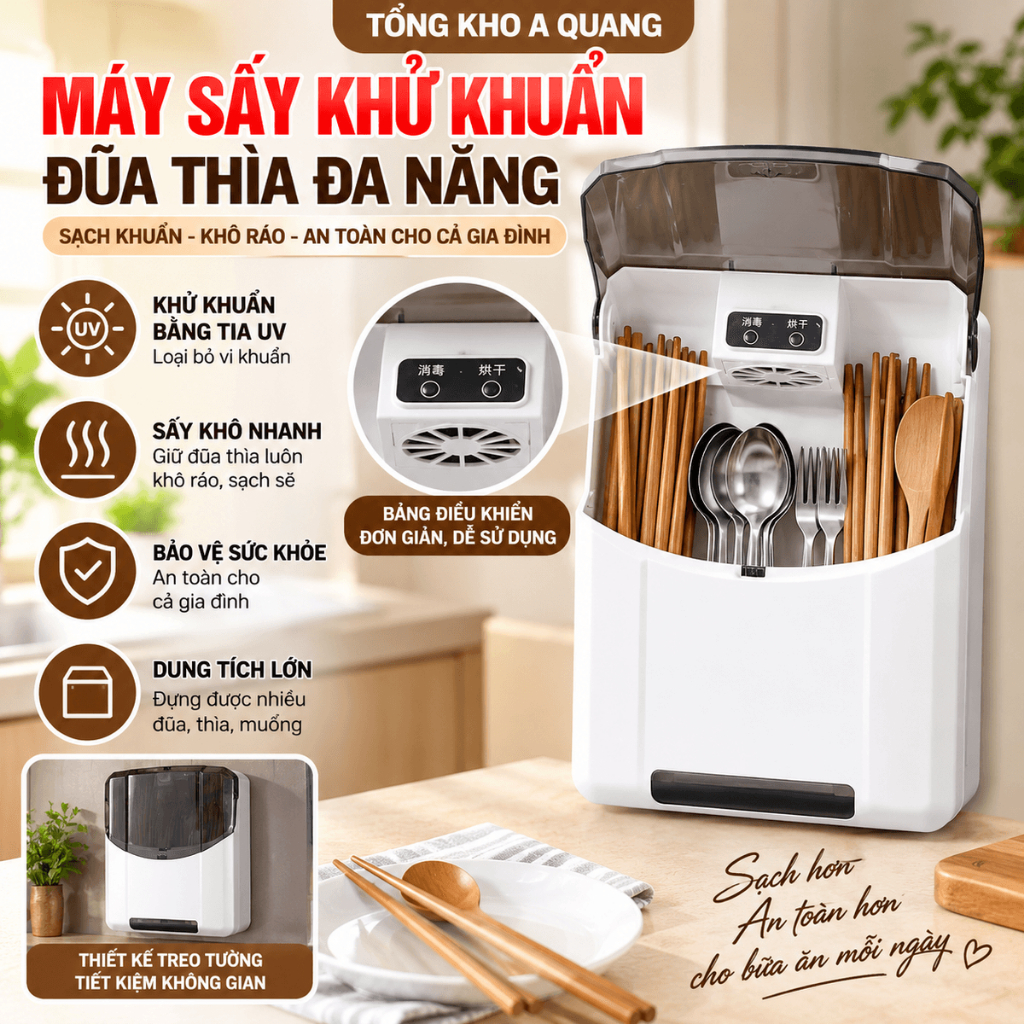 [CHÍNH HÃNG] Máy Khử Khuẩn Đũa Thìa Có Tia UV Diệt Trùng, Máy Sấy Đũa Ngăn Nấm Mốc Bảo Vệ Sức Khỏe , Hộp sấy đũa thìa
