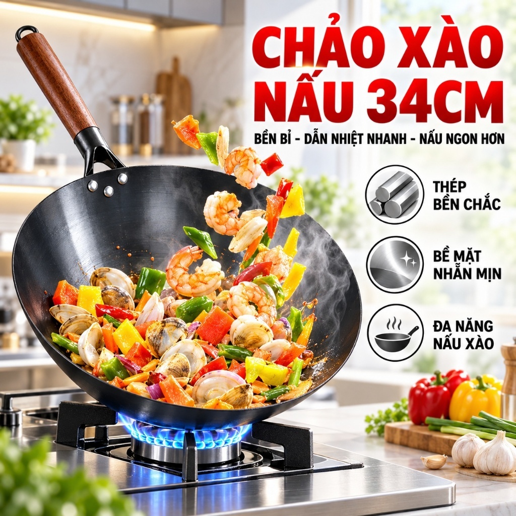 Chảo Xào Size 32, Chảo Thép Chống Dính Tôi Sẵn Kháng Rỉ, Cán Gỗ Sồi Dùng Chiên Xào Trong Nhà Bếp Gia Đình