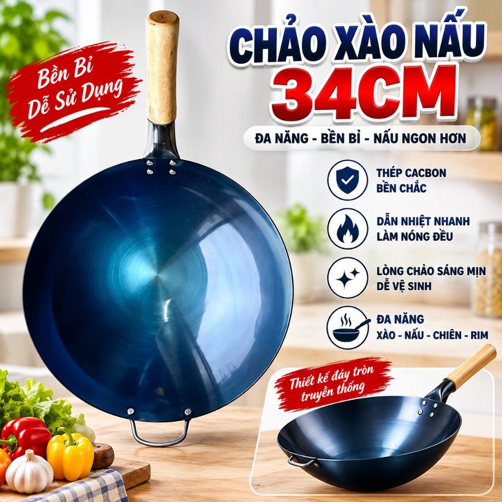 Chảo Thép Cán Gỗ Sồi dùng làm cơm chiên, mì xào tay cầm cán dài chống nóng tiện lợi, CHẢO XÀO 32CM: CHAOXAO