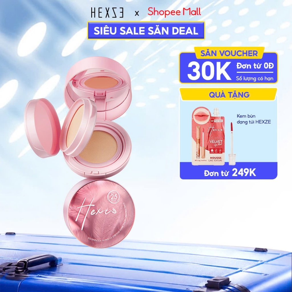 Cushion hỗ trợ chống nắng kèm phấn phủ 2in1 HEXZE Spf25 PA+++, nâng tone tự nhiên cố định lớp makeup hoàn hảo