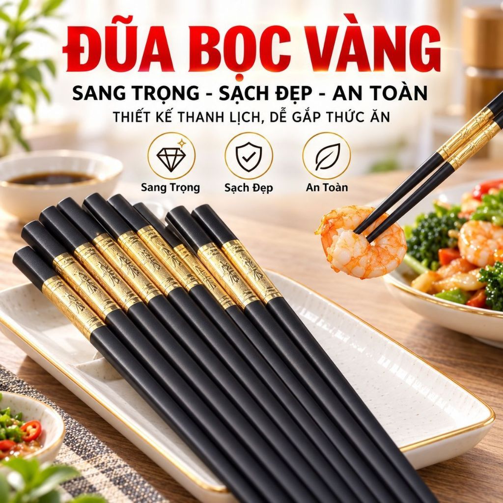 Đũa Mạ Vàng Hàn Quốc Nhựa Đen Nhật Cao Cấp Chống Trơn Chống Mốc Chịu Nhiệt Bộ 10 Đôi