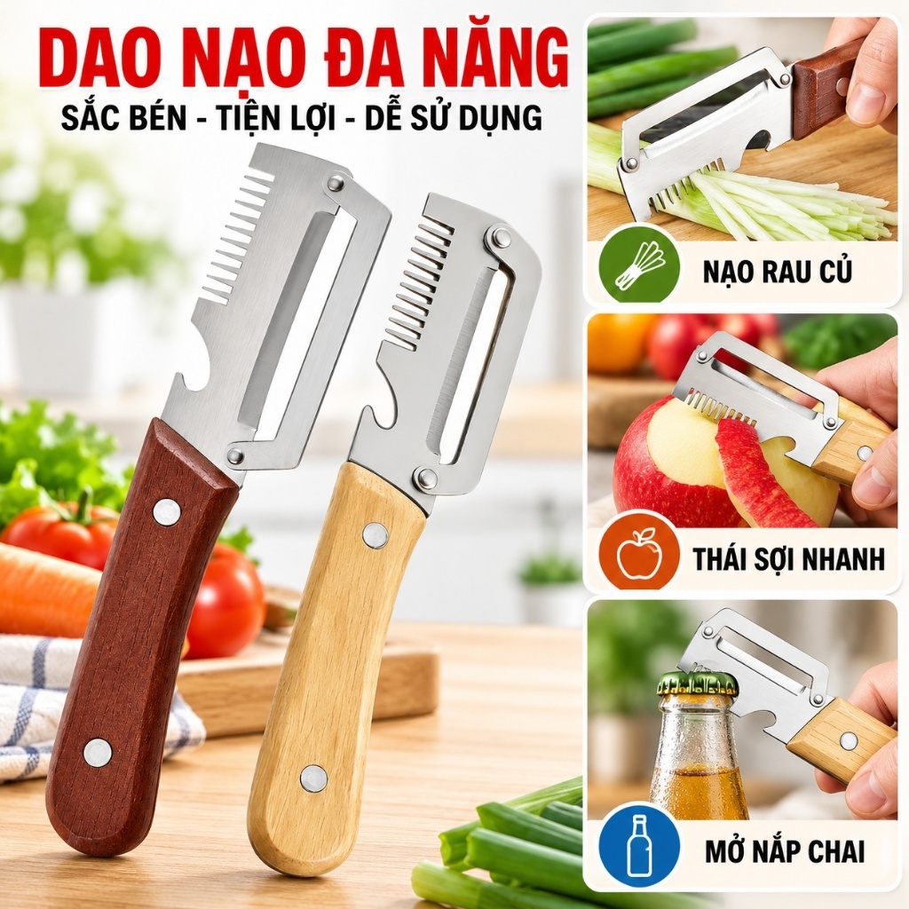 (COMBO 3) DAO GỌT VỎ TRÁI CÂY CÁN GỖ 3 IN 1 CAO CẤP - Dao bào rau củ, lưỡi thép không gỉ, sắc bén, tiện dụng nhà bếp