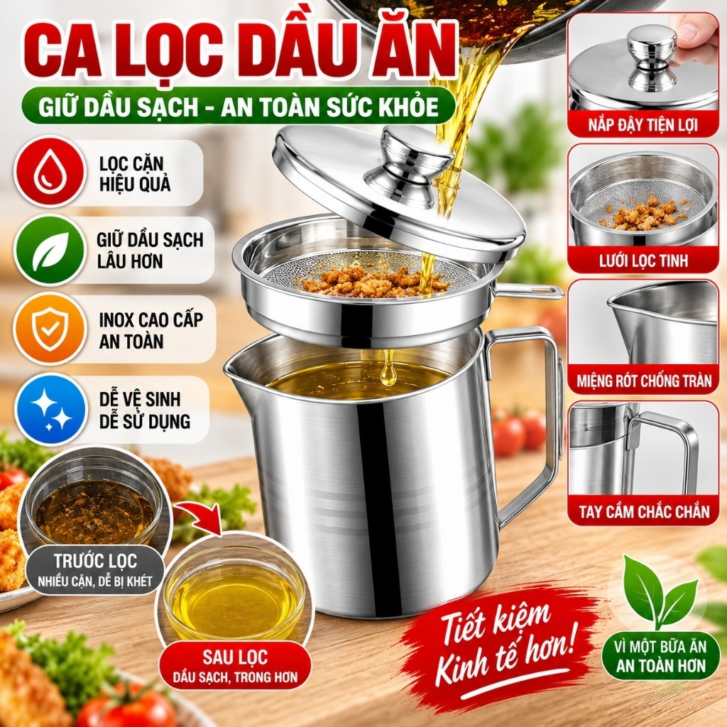 CA LỌC DẦU ĂN, Ca Lọc Dầu Ăn Inox 304 Có Lưới Lọc Dầu Cực Trong Không Để Lại Cặn - MA: CALOCDAUAN