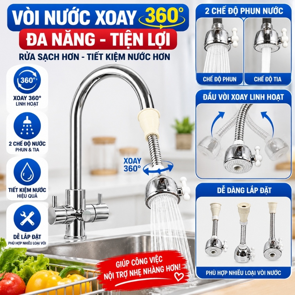 Đầu Vòi Xịt Cho Bồn Rửa Chén 2 Chế Độ Nước Xoay 360 Độ - VÒI NƯỚC TĂNG ÁP - MÃ: VOI RUA BAT