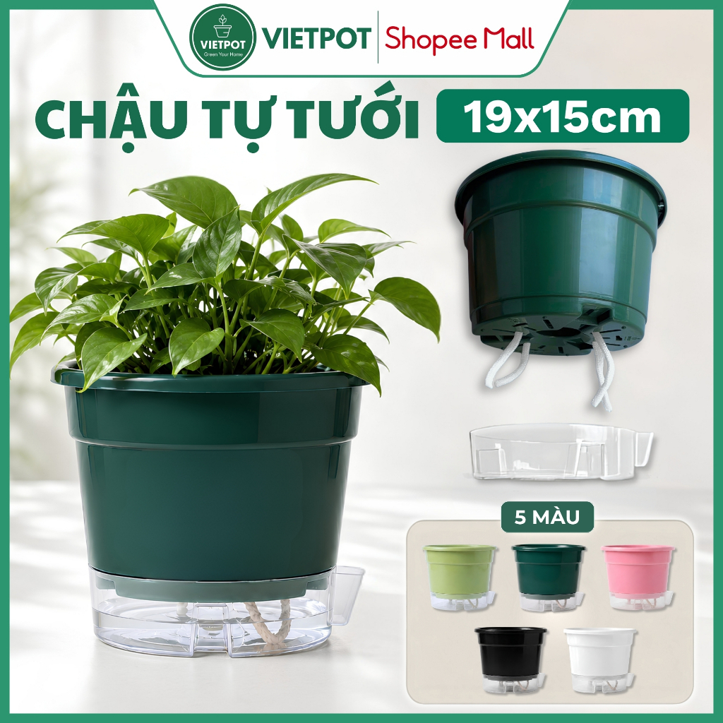Chậu tự tưới Trơn, Vietpot, size 19x15cm, thông minh, trang trí nhà cửa, ban công, sân vườn.