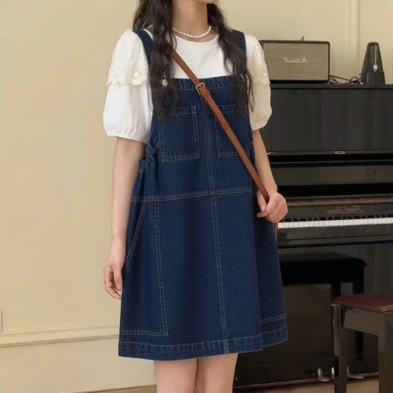 Yếm jean nữ dáng ngắn KOKO phối túi lớn trước sau chất jean mềm co giãn phong cách Hàn Quốc mã Y4