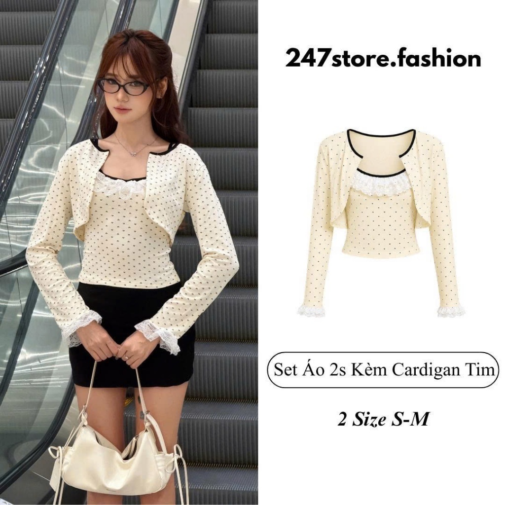 Set 2 Món Áo 2s Dây Kèm Cardigan Tim Nữ Phối Ren, Set Áo Nữ 2 Món Mỏng Mềm Co Dãn 4 Chiều SetA63 247store