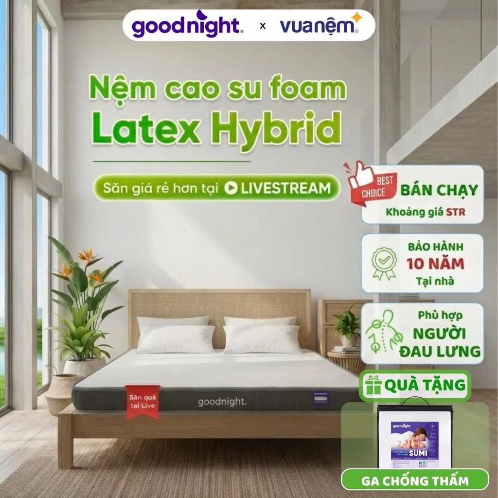 [15/9 TẶNG GA CHỐNG THẤM] Nệm Cao Su Foam Vua Nệm Goodnight Latex Hybrid 10cm, Nệm Gia Đình (Không phải đệm Cao Su Non)