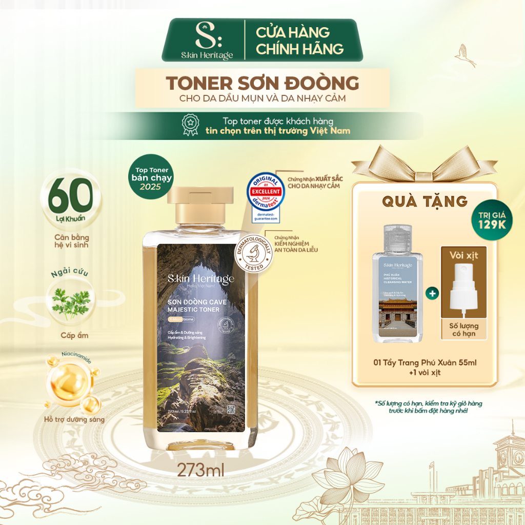 Toner Sơn Đoòng Skin Heritage hỗ trợ cấp ẩm, dưỡng sáng cung cấp 60 Lợi Khuẩn cho da nhạy cảm, da dầu mụn 273ml
