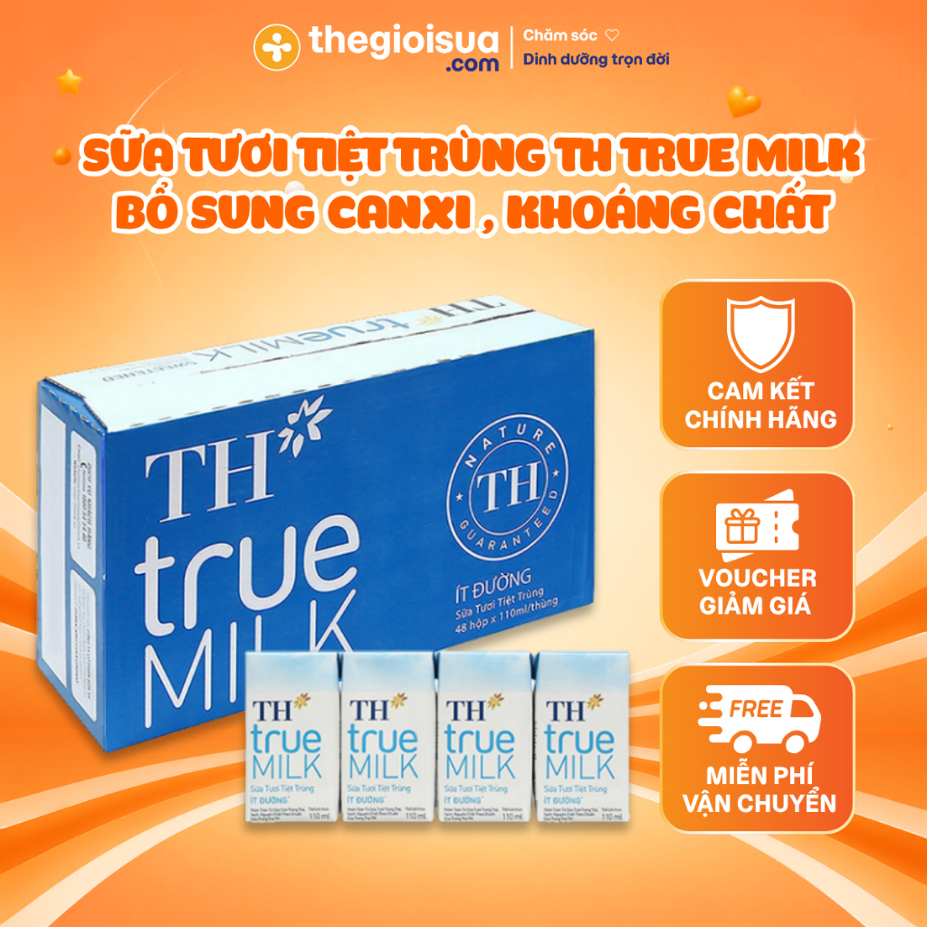Thùng 48 hộp Sữa tươi tiệt trùng TH True Milk 110/180ml sữa bò tươi sạch tại trang trại của TH - Chính hãng Thế Giới Sữa