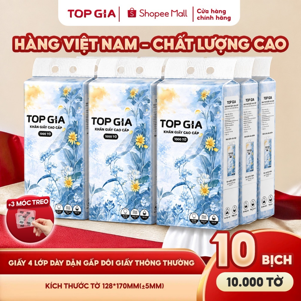 Khăn giấy cao cấp Mộc an Topgia hàng Việt Nam 4 lớp, 1000 tờ  tặng 3 móc treo tiện lợi