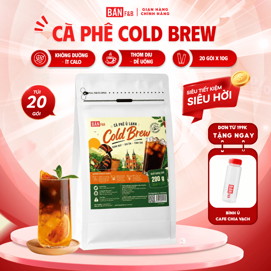 [Tặng Bình] Túi Cà Phê Cold Brew Arabica 20 Gói Không Đường, Nguyên Chất Ít Calo, Túi Tiết Kiệm - Bản F&B (200G/300G)