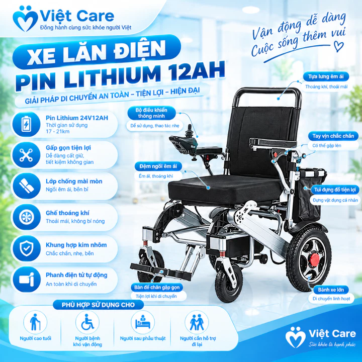 Xe Lăn Điện Cho Người Già, Người Khuyết Tật - Xe Lăn Điện Thông Minh Tự Lái, Gấp Gọn Tiện Lợi