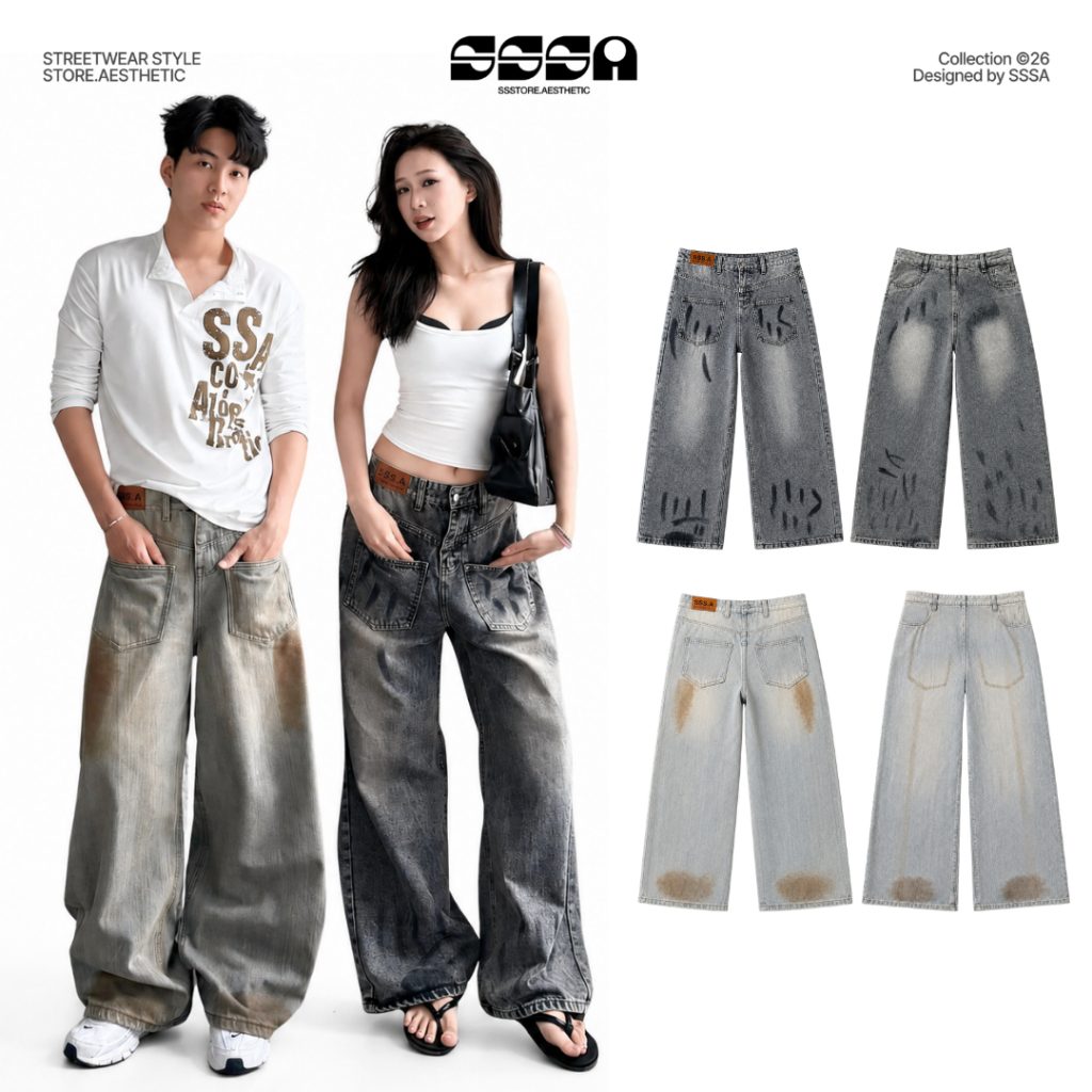 Quần Jean Ống Rộng Suông May Ngược Unisex Tôn Dáng Baggy Nam Nữ SSSTORE.Aesthetic - J16