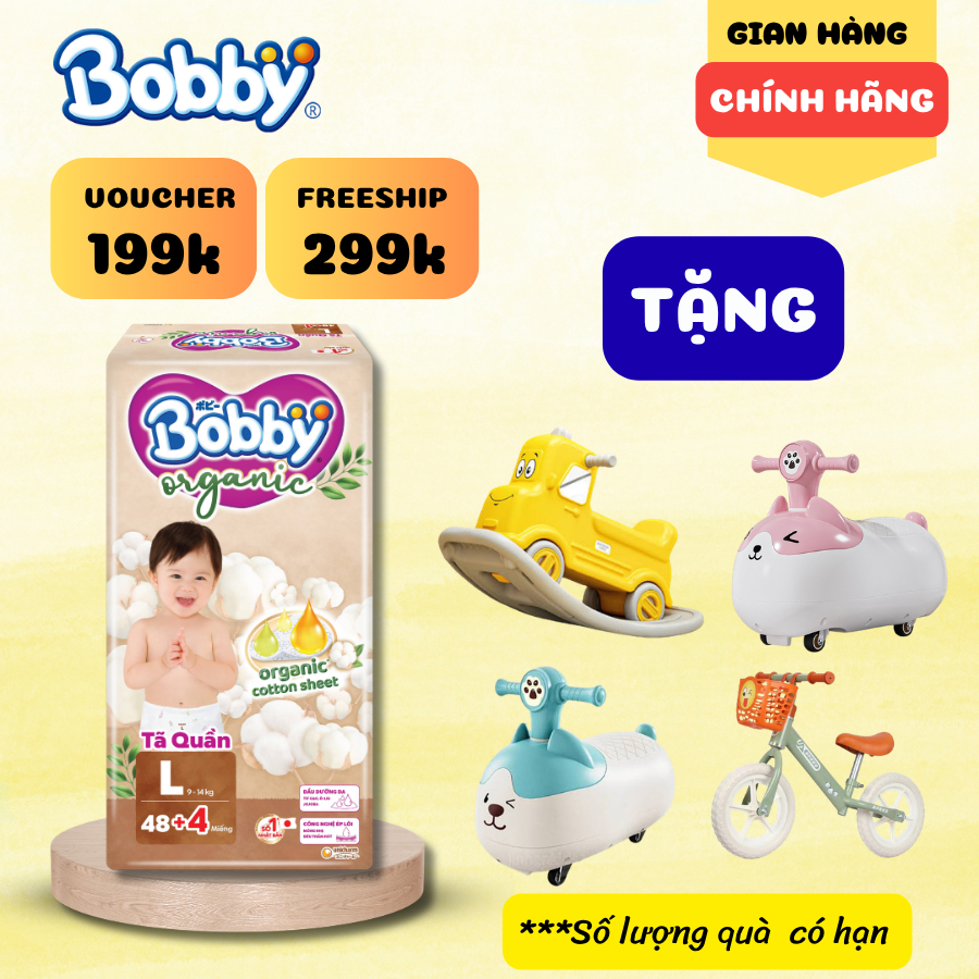 [TẶNG XE] Combo 3 bịch Tã Quần Bobby Organic Day + Đêm Sleep Well Siêu Mềm Mại Cho Bé