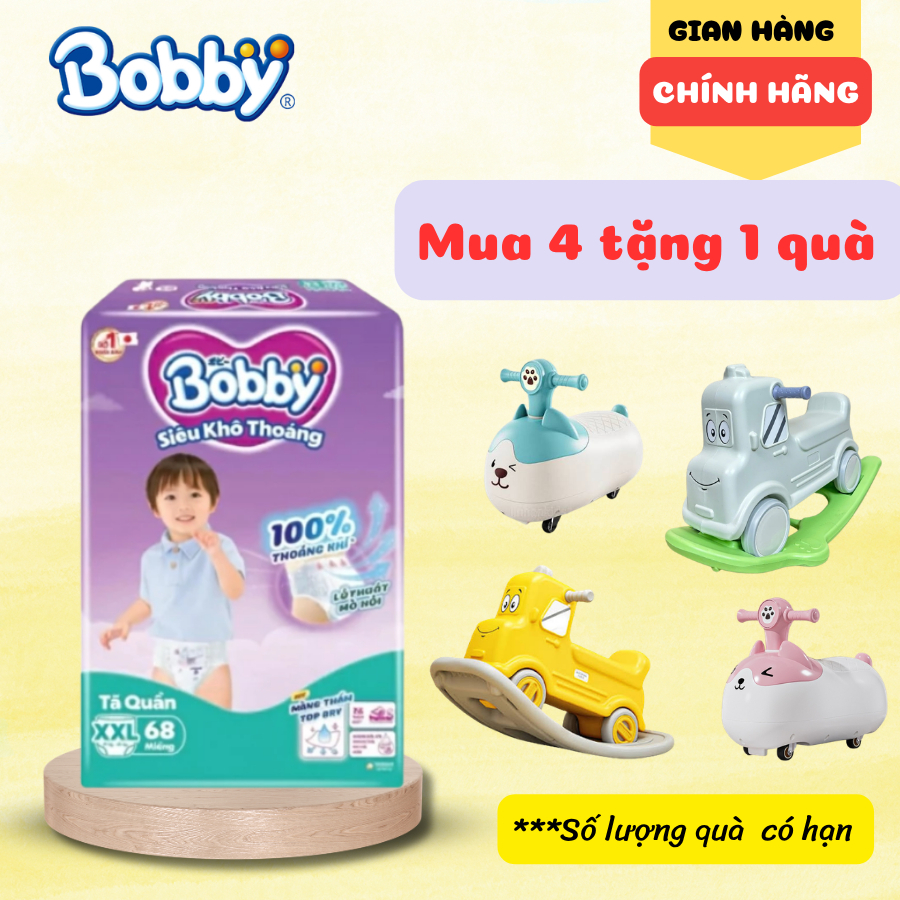 [TẶNG XE CHÒI] Combo 4 Bịch Tã quần/ Tã Dán Bobby siêu khô thoáng cho bé từ 6-25kg