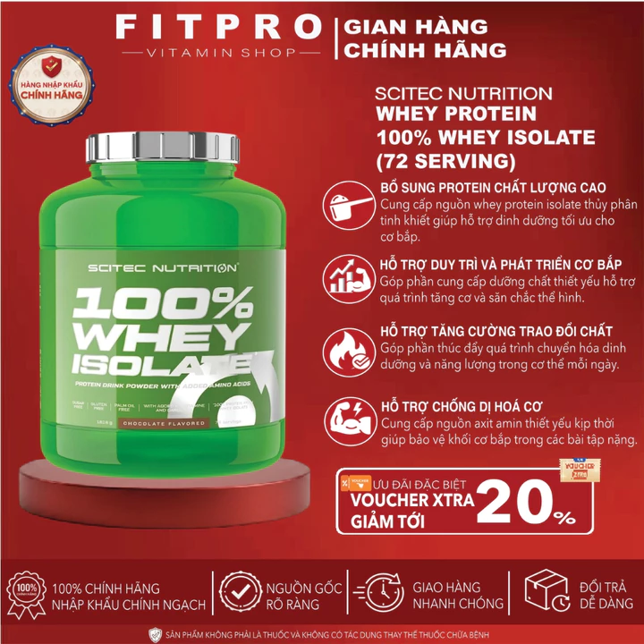Sữa Bột Scitec Nutrition 100% Whey Protein Isolate (72 Lần Dùng), Bổ Sung Protein Isolate Tinh Khiết
