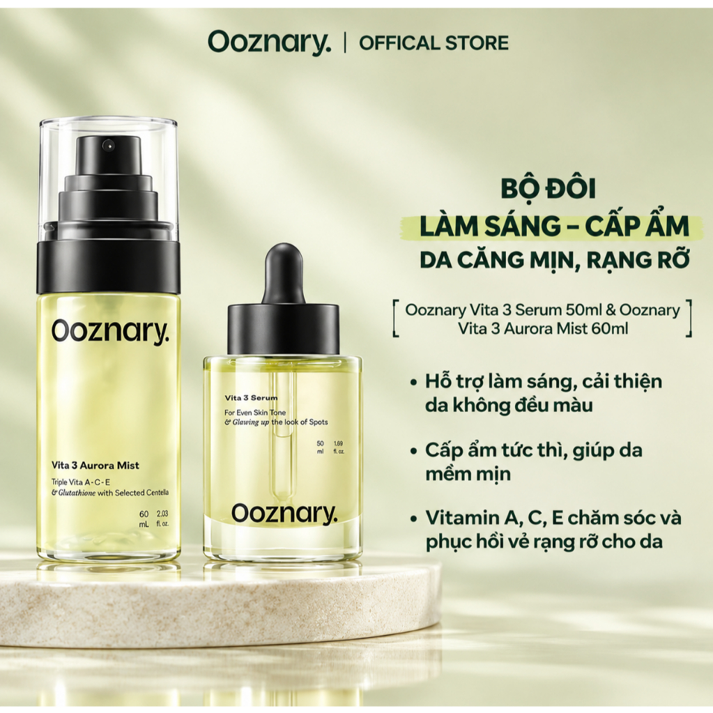 Bộ đôi dưỡng sáng cấp ẩm căng mịn rạng rỡ Ooznary Vita 3 Serum 50ml & Ooznary Vita 3 Aurora Mist 60ml