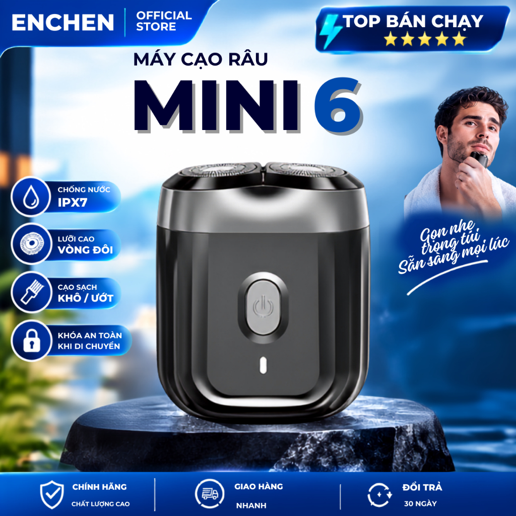 Máy cạo râu mini Enchen 6, lưỡi tròn nổi 3D, chống nước IPX7