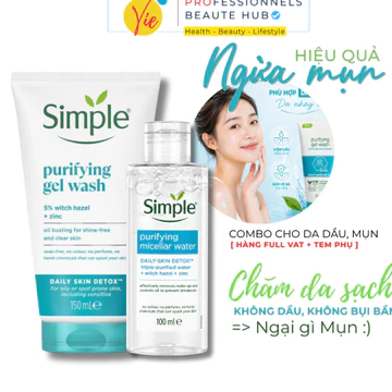 Combo Sữa Rửa Mặt Simple Purifying Gel Wash 150mL + Nước tẩy trang Simple cho da dầu 100ml Hỗ Trợ Giảm Mụn Kiềm Dầu