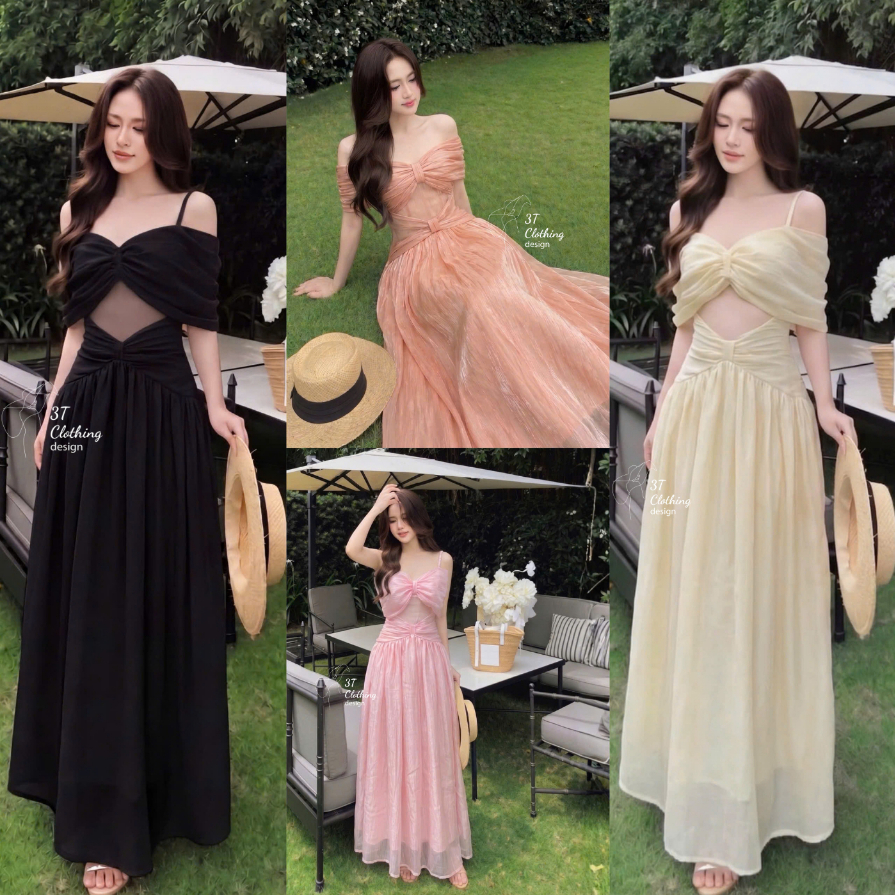 [3T CLOTHING] Đầm Nữ Trễ Vai Tơ Tằm Vân Mây 2 Lớp, Váy Xòe Tiểu Thư Tôn Dáng, Đầm Dự Tiệc Đi Chơi BigSize 40–70kg B85