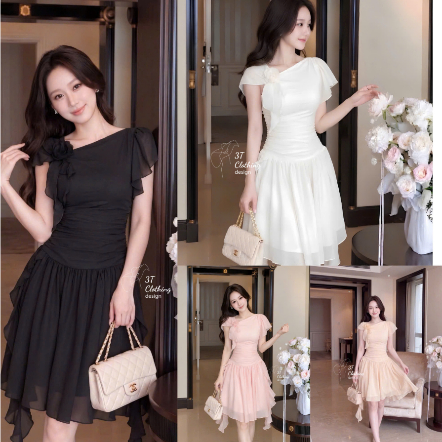 [3T CLOTHING] Váy đầm dự tiệc thiết kế dáng ngắn, tùng xòe lệch vai đính bông, kèm quần bảo hộ Bigsize 40-70kg mã B75