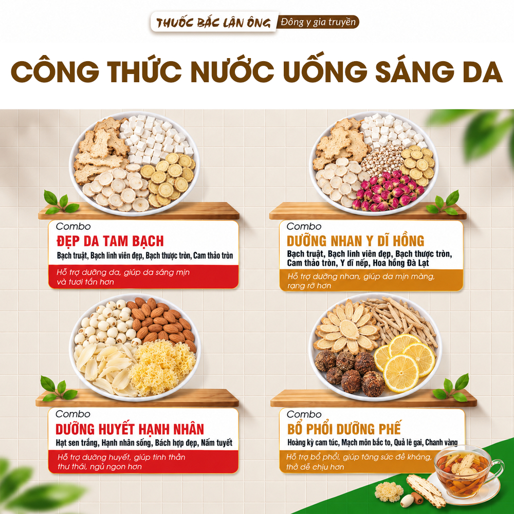 Combo 4 Set Trà Thảo Mộc Đẹp Da, Dưỡng Huyết Bổ Phổi, Thanh Nhiệt Kiện Tỳ Ngừa Mụn, Da Sáng Hồng Hào