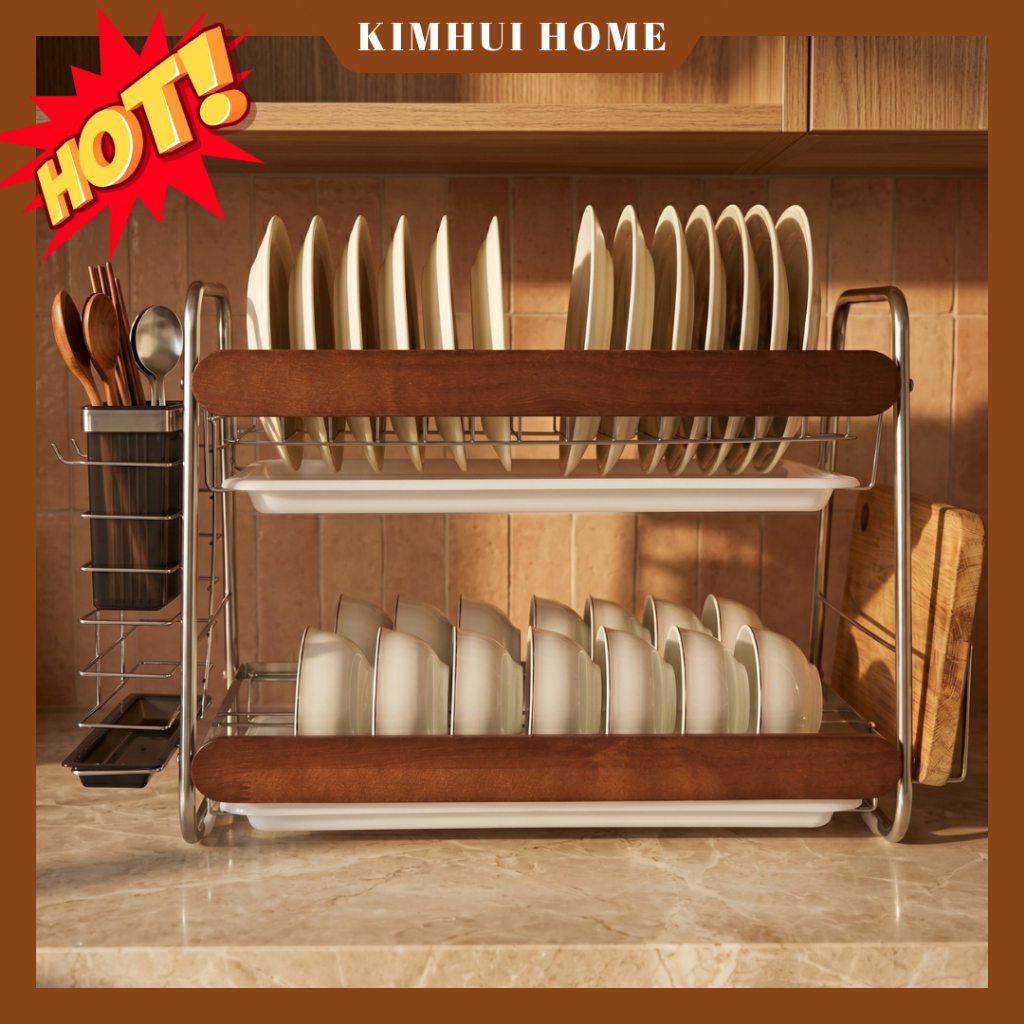 Kệ úp chén đĩa 2 tầng inox thanh chắn gỗ, 2 khay hứng nước, ống đũa, giá để dao thớt, giá treo muôi