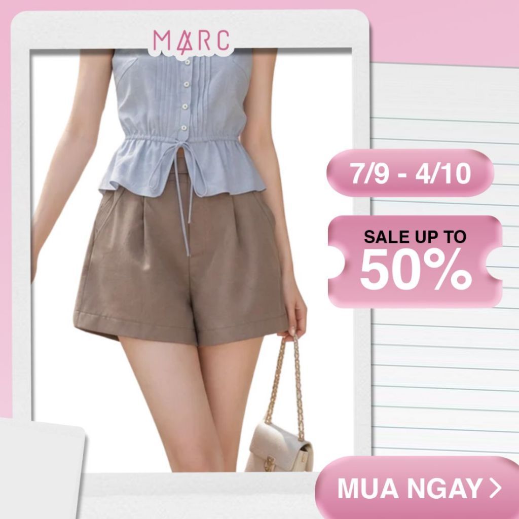 MARC FASHION_ Quần ngắn linen lưng cao xếp li_CBQN052604