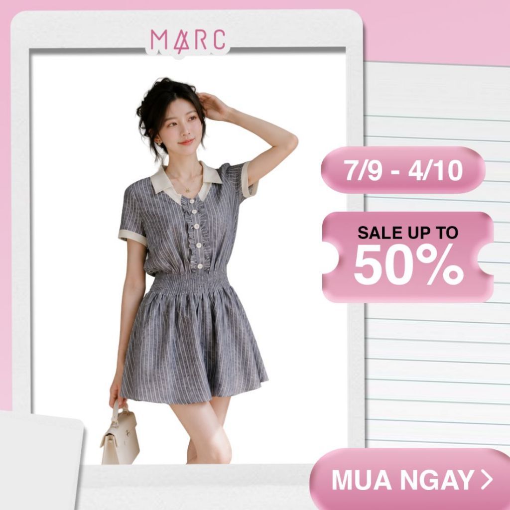 MARC FASHION Đầm mini sọc cổ phối smocking eo_CBDN022643