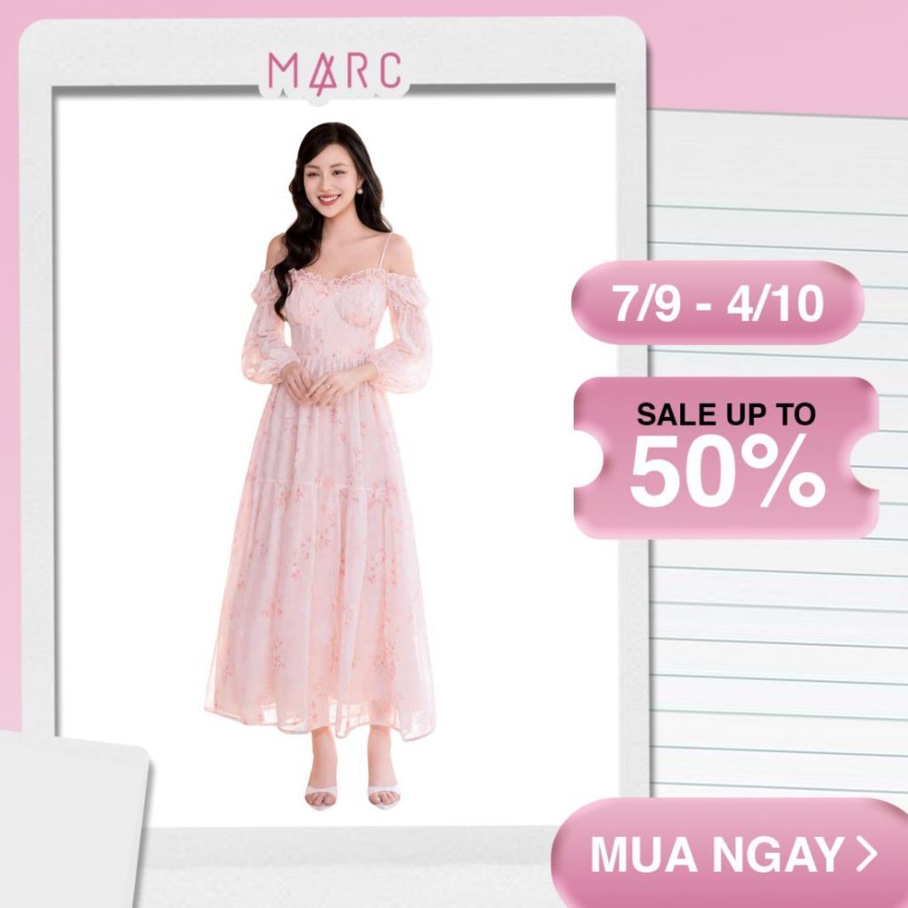 MARC FASHION Đầm midi voan hoa tay phồng dài - CBDD012612