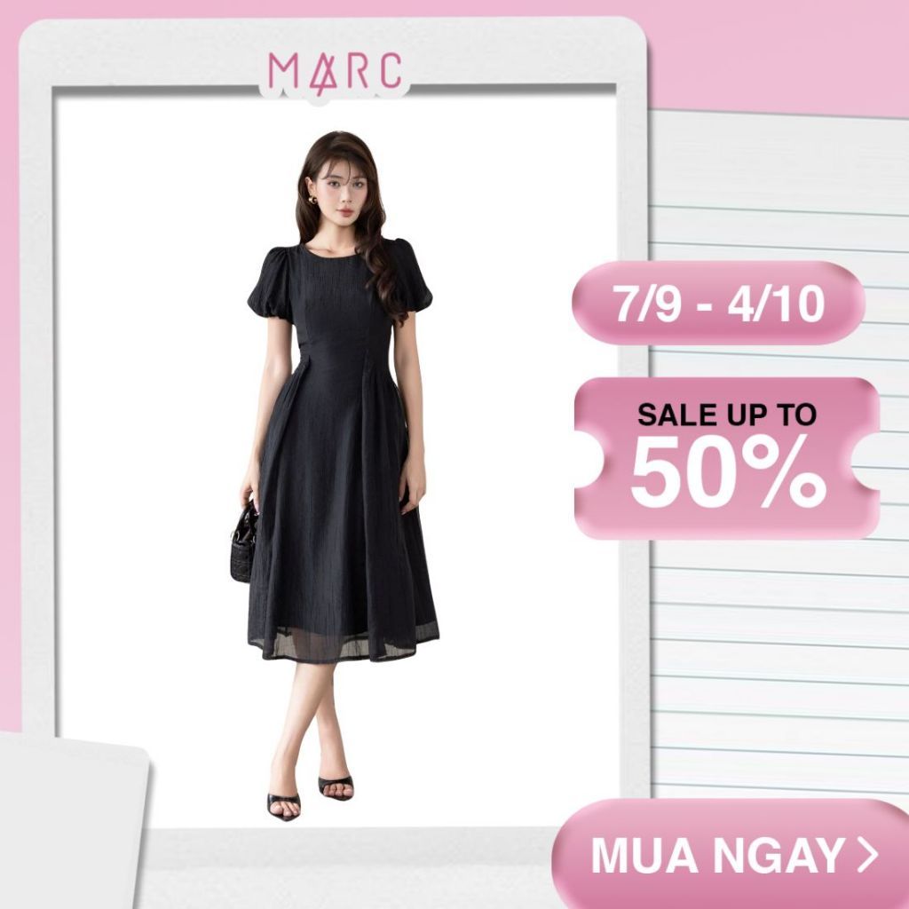 MARC FASHION Đầm midi tơ dập nhăn tay phồng_CBDD022625