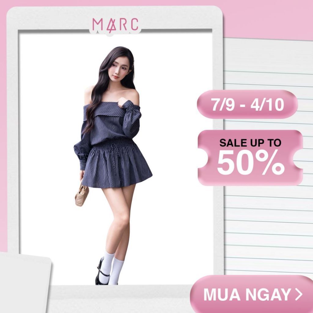 MARC FASHION Đầm Sọc Bẹt Vai Smocking Eo - TRDN102526