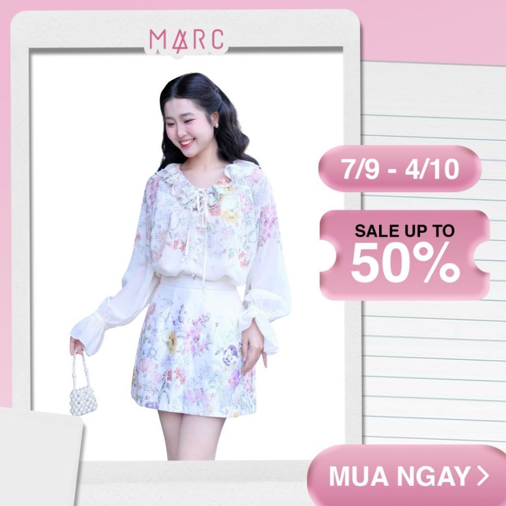 MARC FASHION Áo voan tơ in hoa cổ bèo tay phồng - CBAK032606