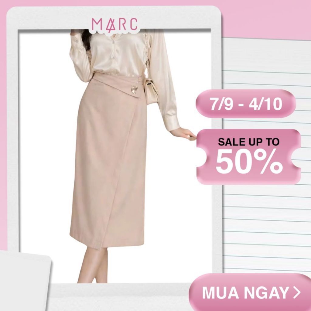 MARC FASHION Chân váy midi đắp chéo phối cúc kim loại CBVD042616