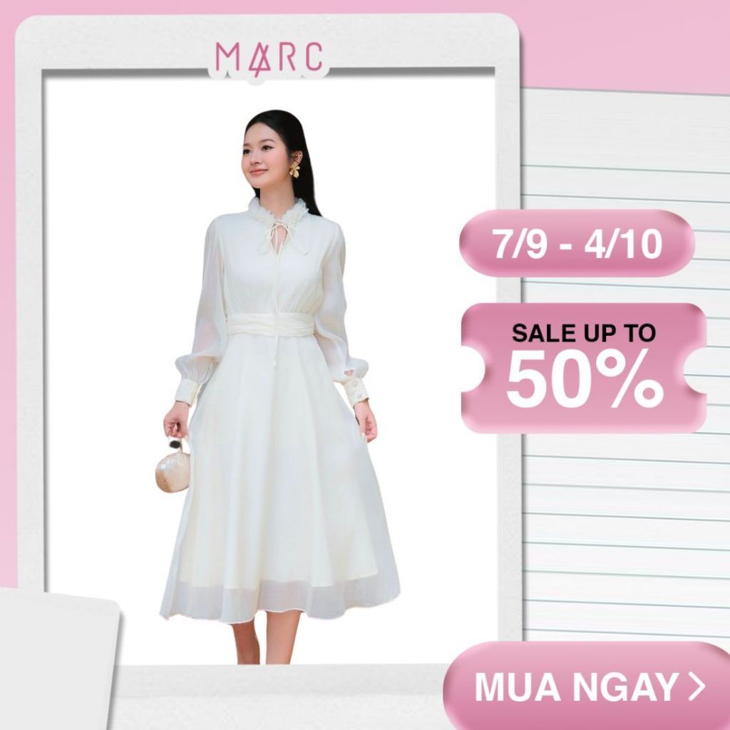 MARC FASHION Đầm midi tay dài cổ hoa voan thắt nơ_CBDD032628